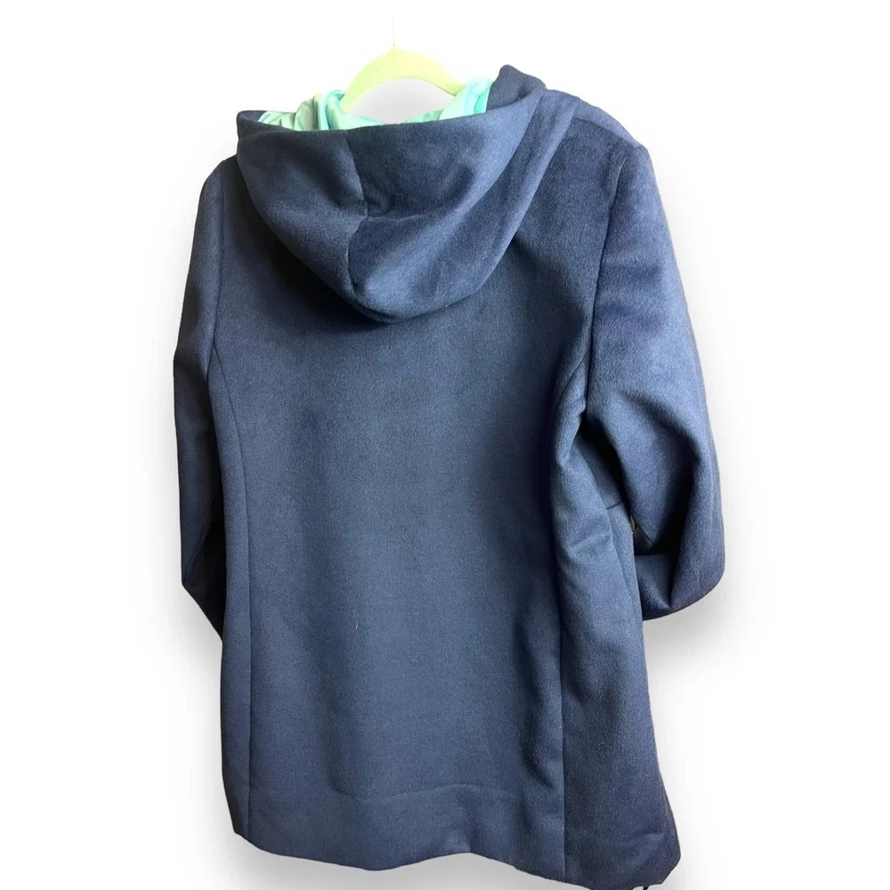 Chico's Hooded Coat, Faux-Wool Winter Mid Jacket | Size 2 (Large) | Navy Blue - Picture 8 of 10